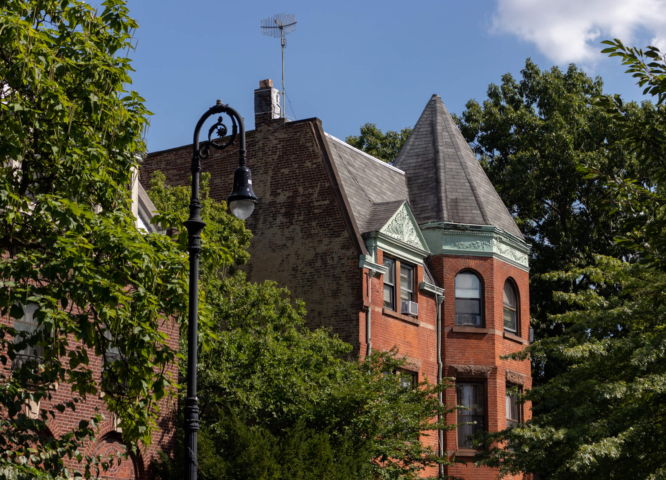 bishops crook lamppost and bed stuy building