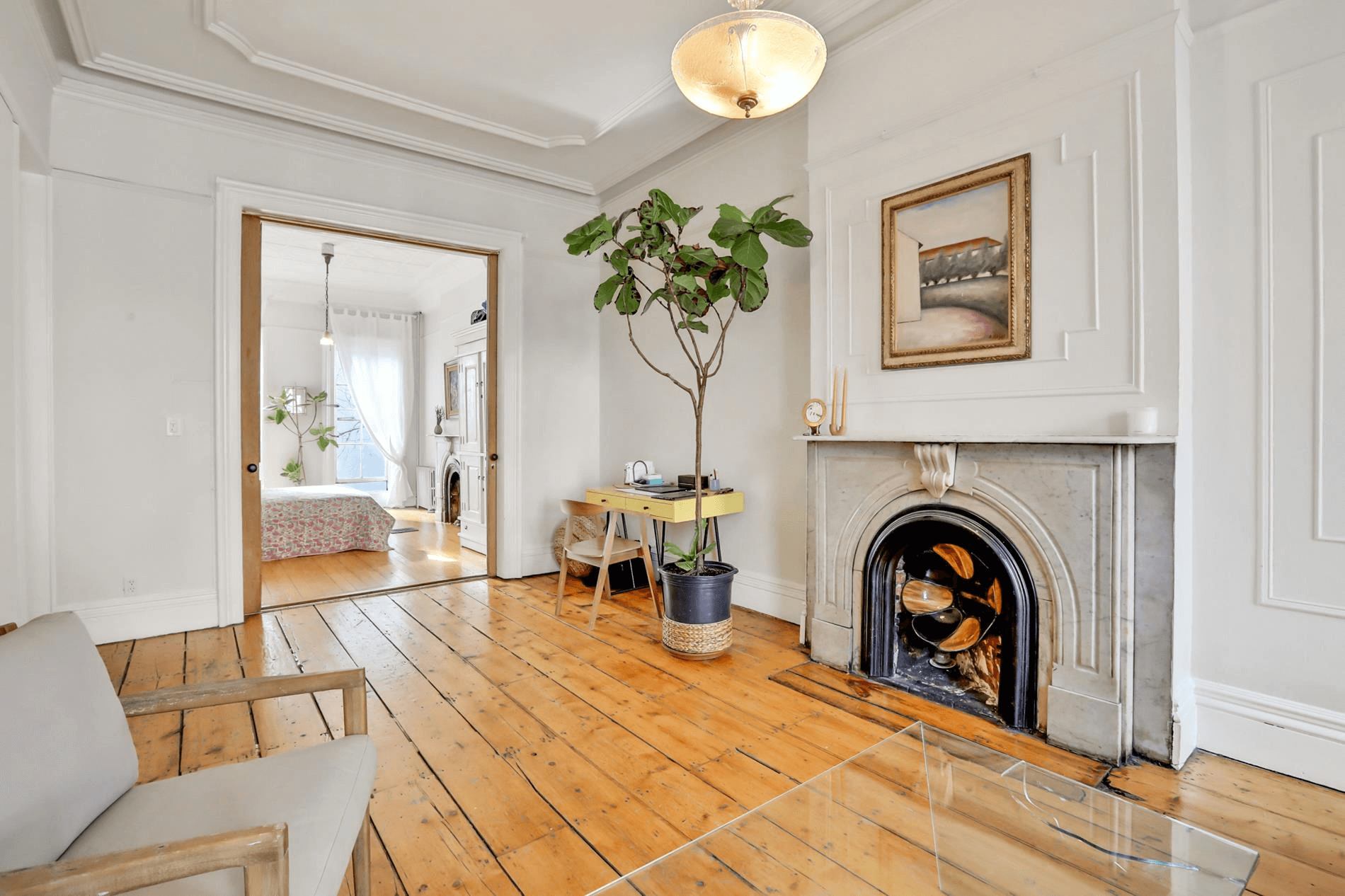 living room with marble mantel