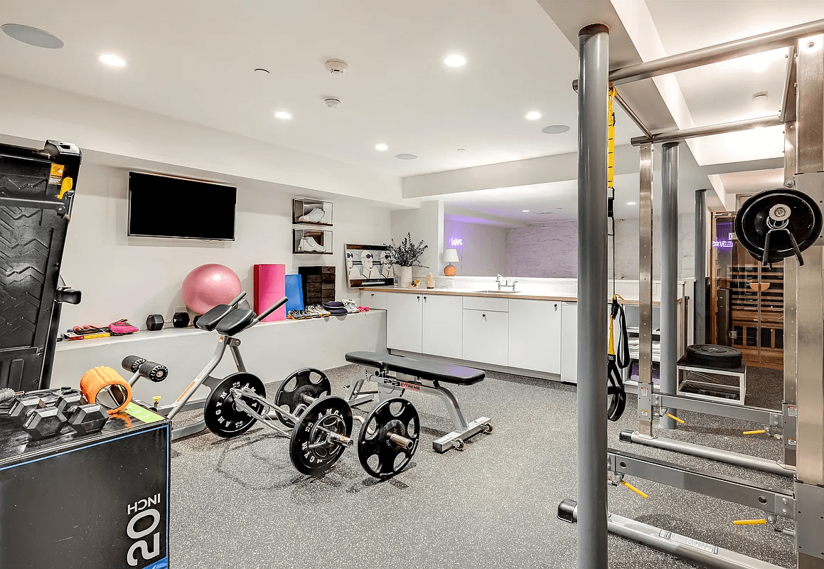 basement with gym and recessed lighting