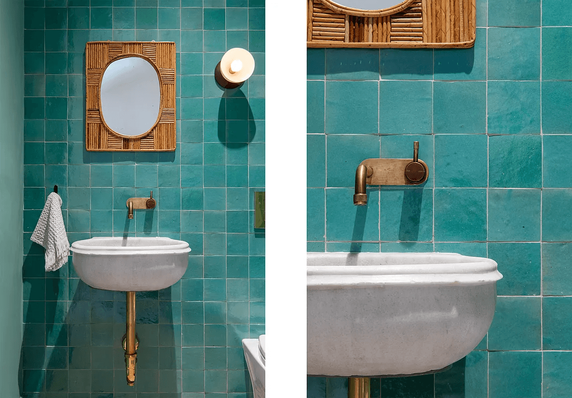 bathroom with aqua wall tiles