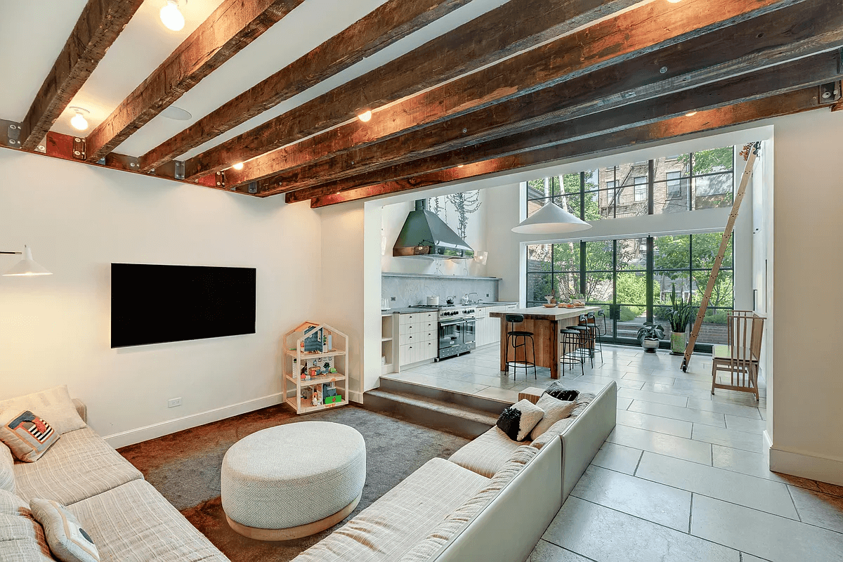 exposed beams in conversation pit area