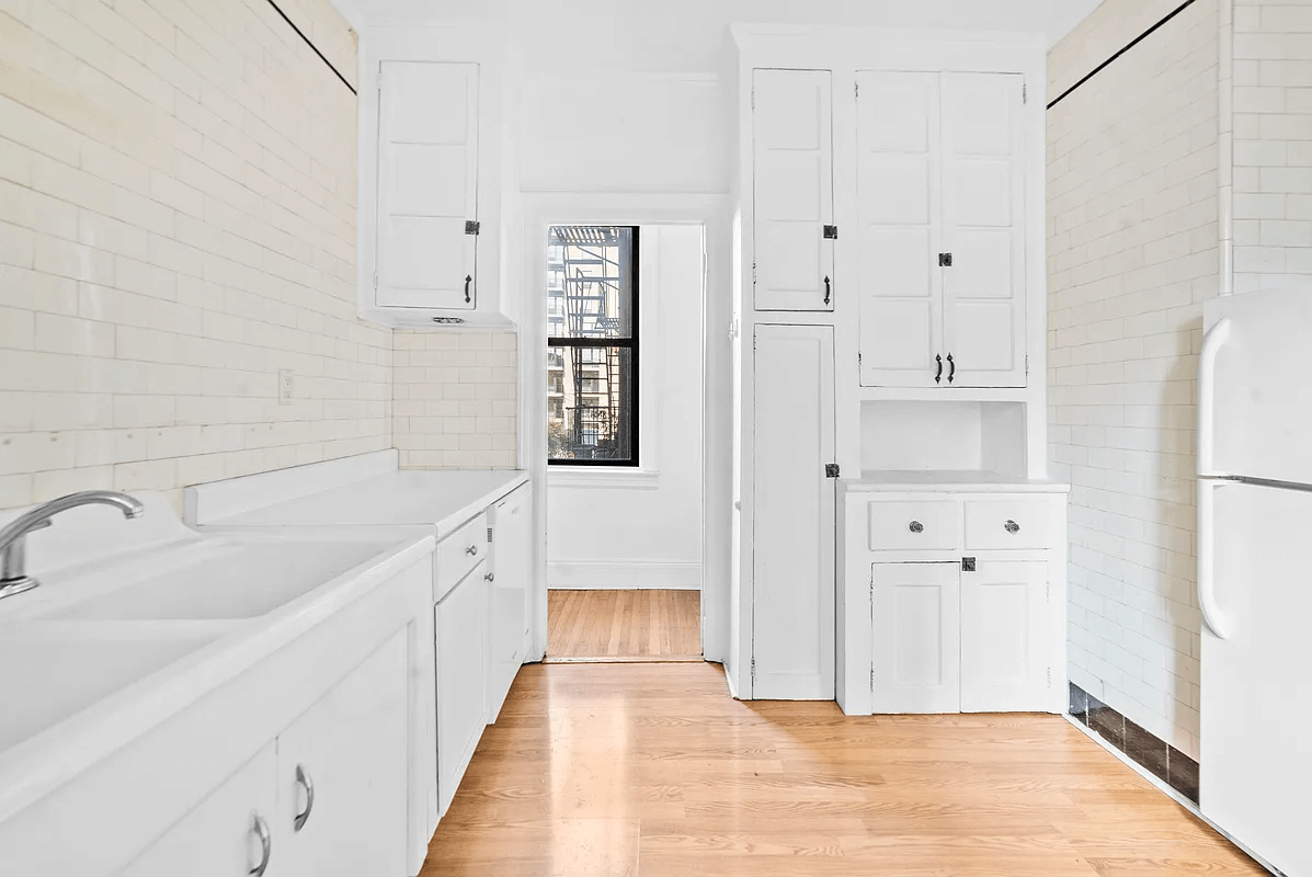 kitchen with vintage white cabinets