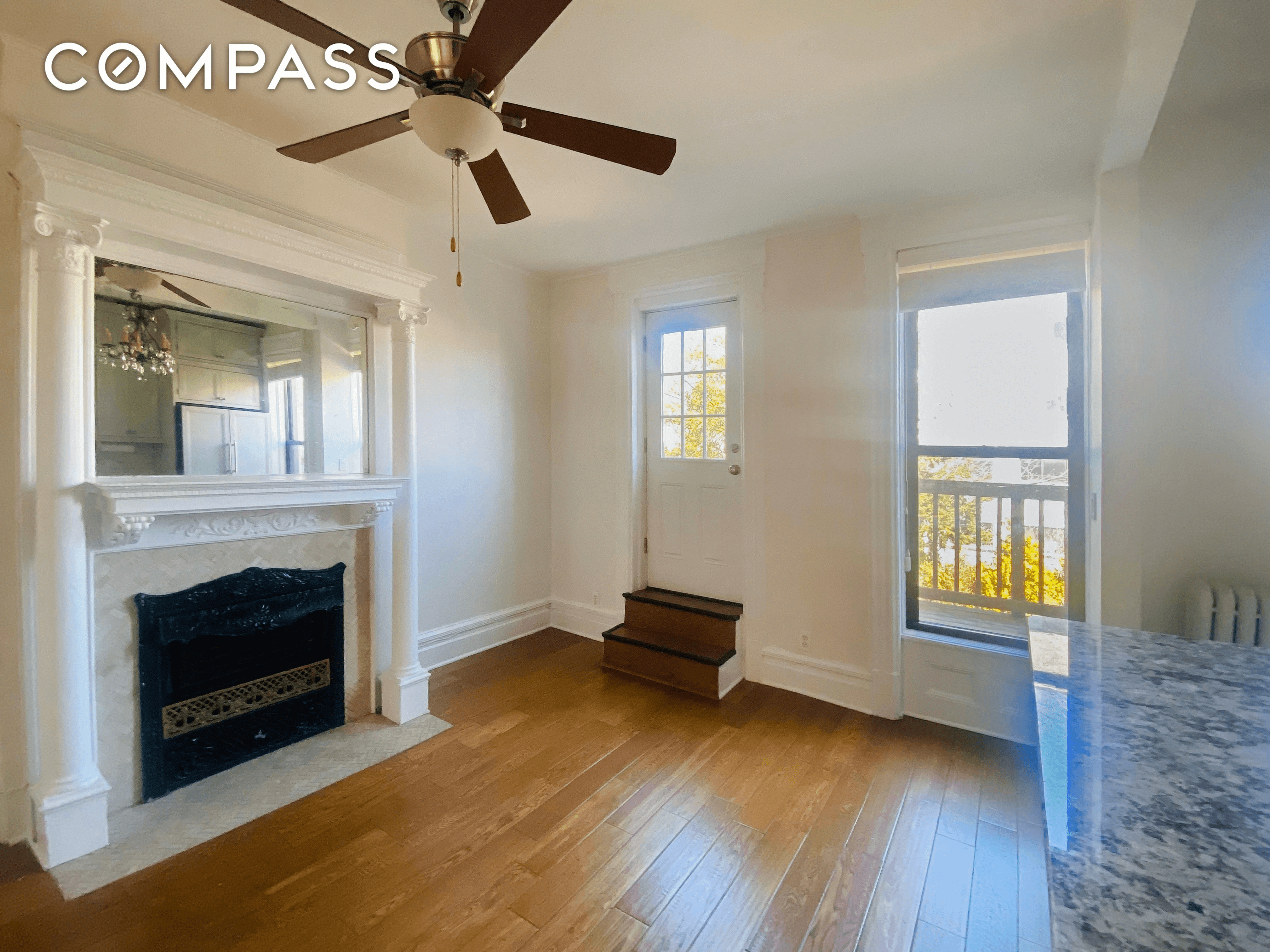 dining area with mantel