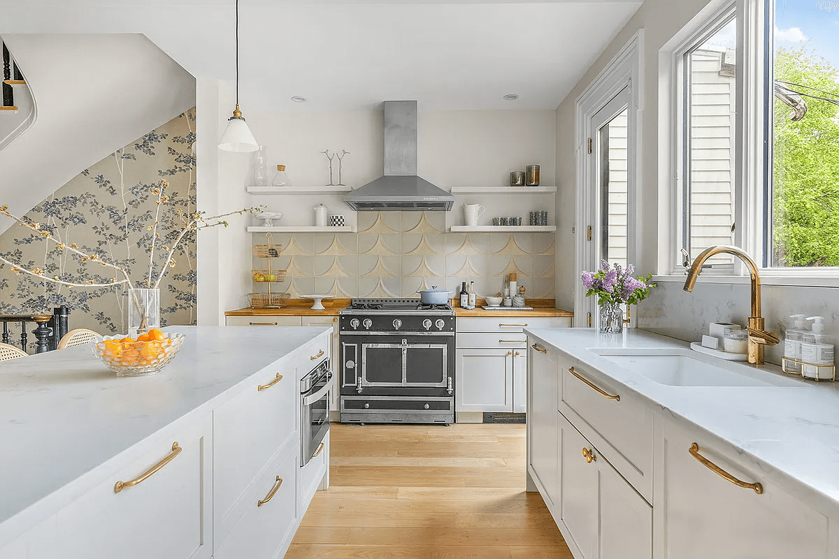 kitchen with pale cabinets