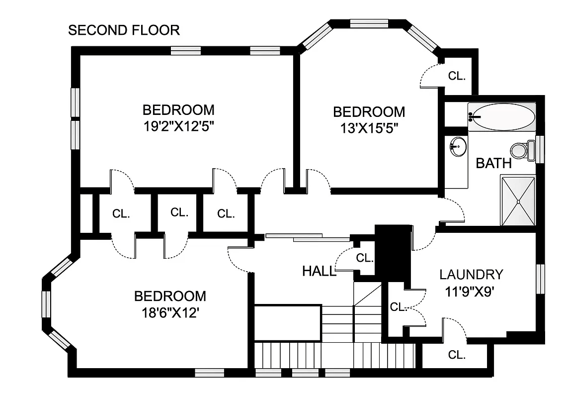 second floor plan showing three bedrooms