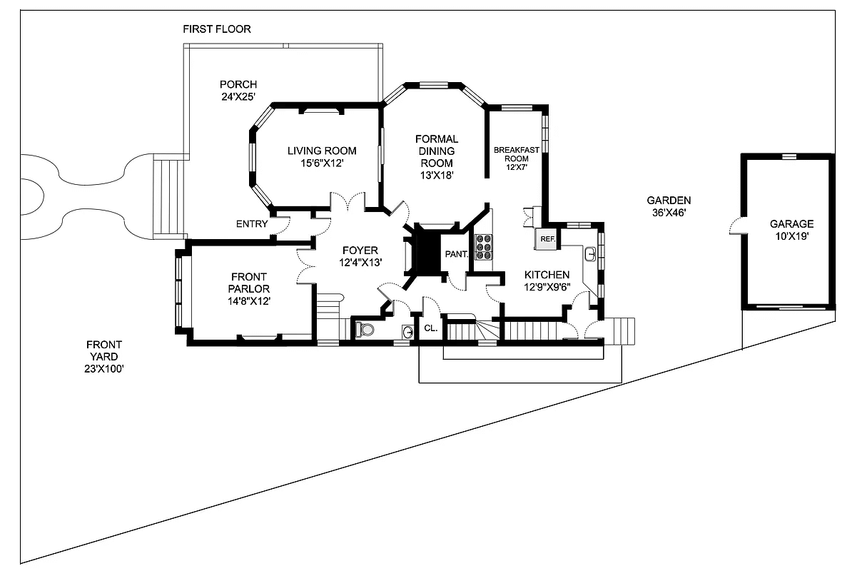 first floor floor plan showing parlors, kitchen and dining room