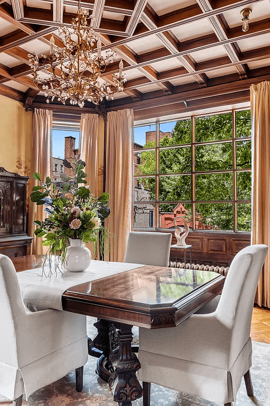 dining room with coffered ceiling