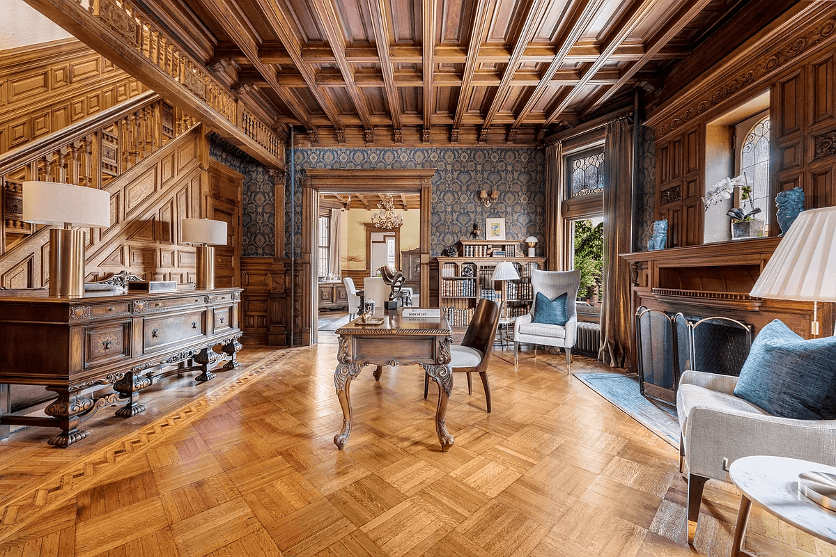 middle parlor with coffered ceiling and wainscoting