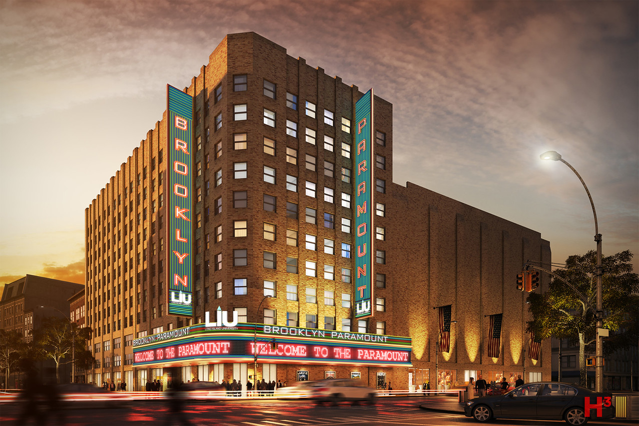 a rendering showing a large brooklyn paramount vertical sign on the building