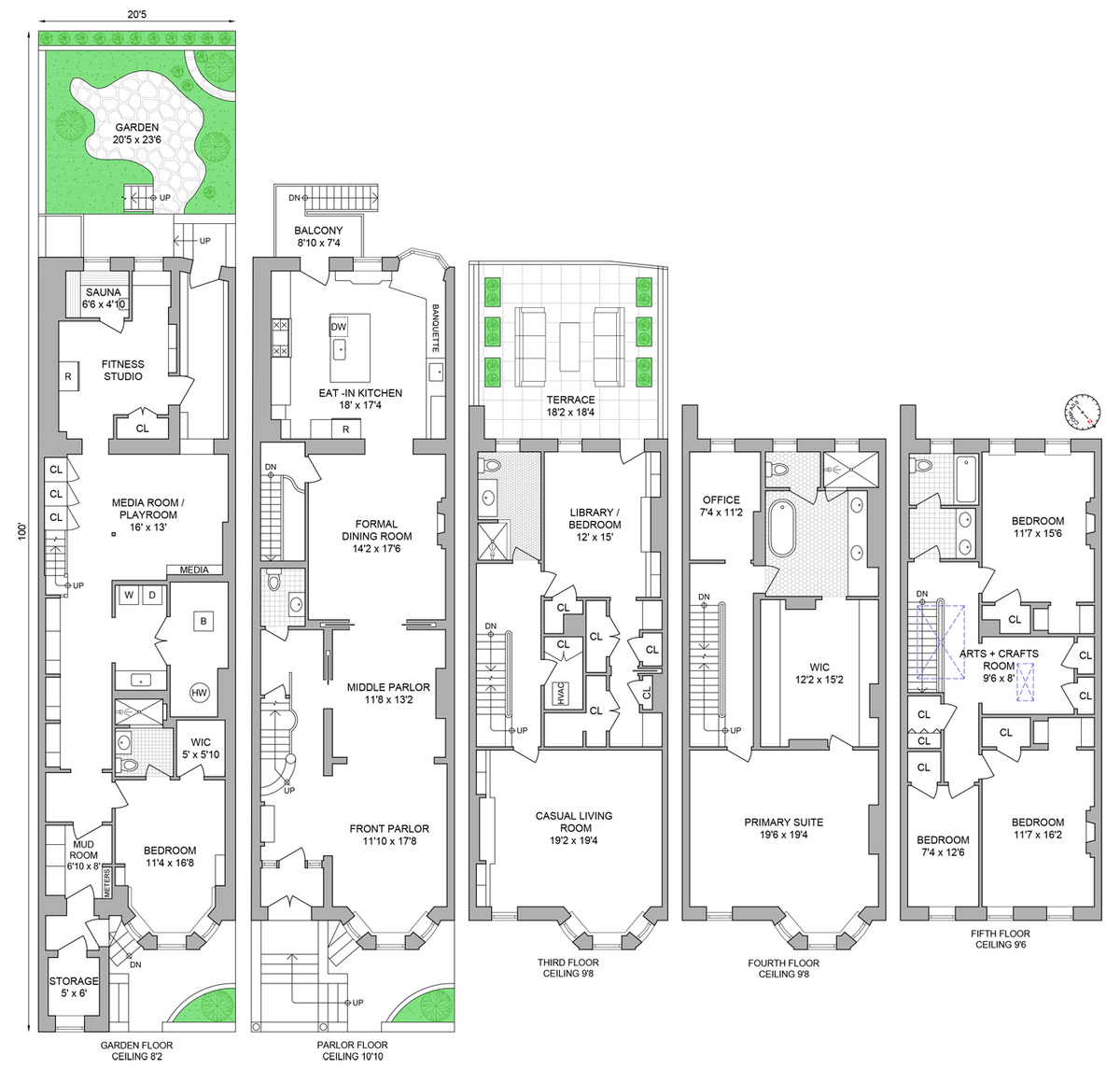 floorplan showing the five floors of living space