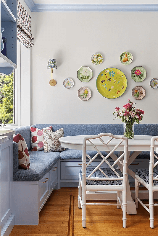 blue upholstered banquette in kitchen