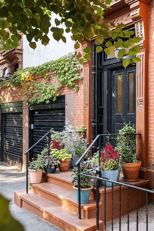 front door with potted plants