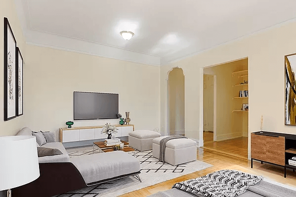 virtuall staged living area with view toward dining nook