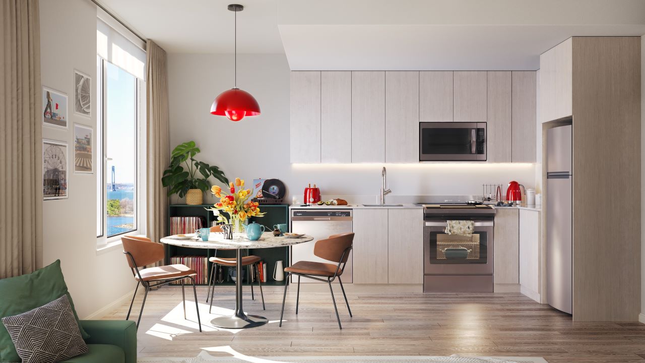 image of a kitchen with pale cabinets and room for dining