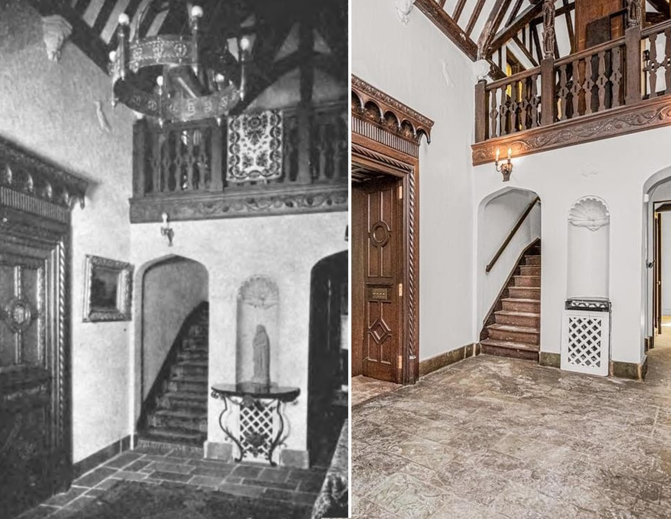 a black and white image and a color image of the entry