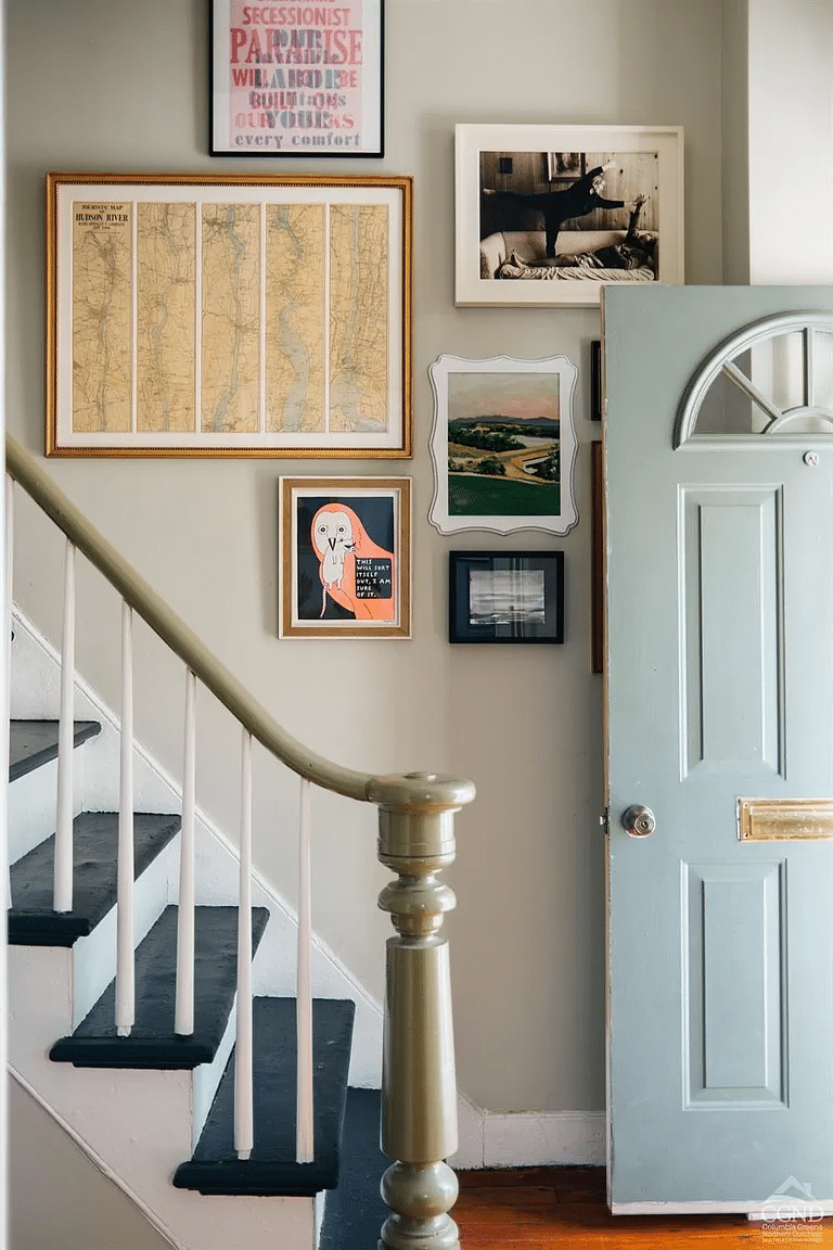 entry with period newel post and stair