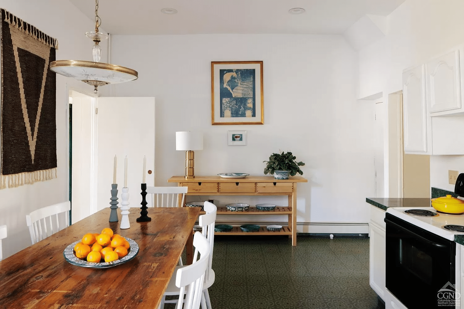 kitchen with tile floor, room for large table