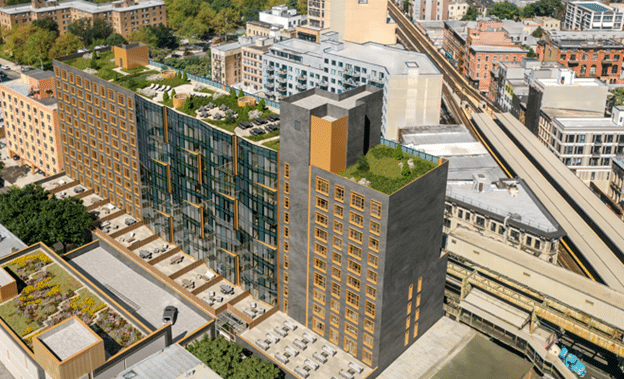 exterior rendering showing multi-story building with roof deck