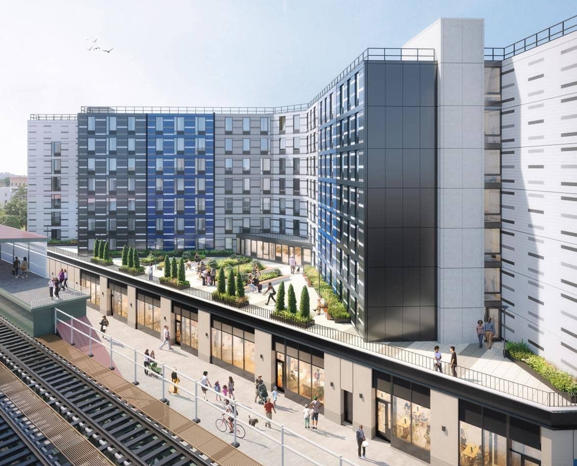 1510 broadway - rendering showing the courtyard across from the elevated tracks