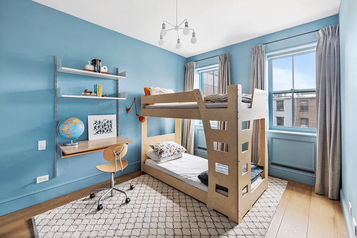 bedroom with blue walls and two windows