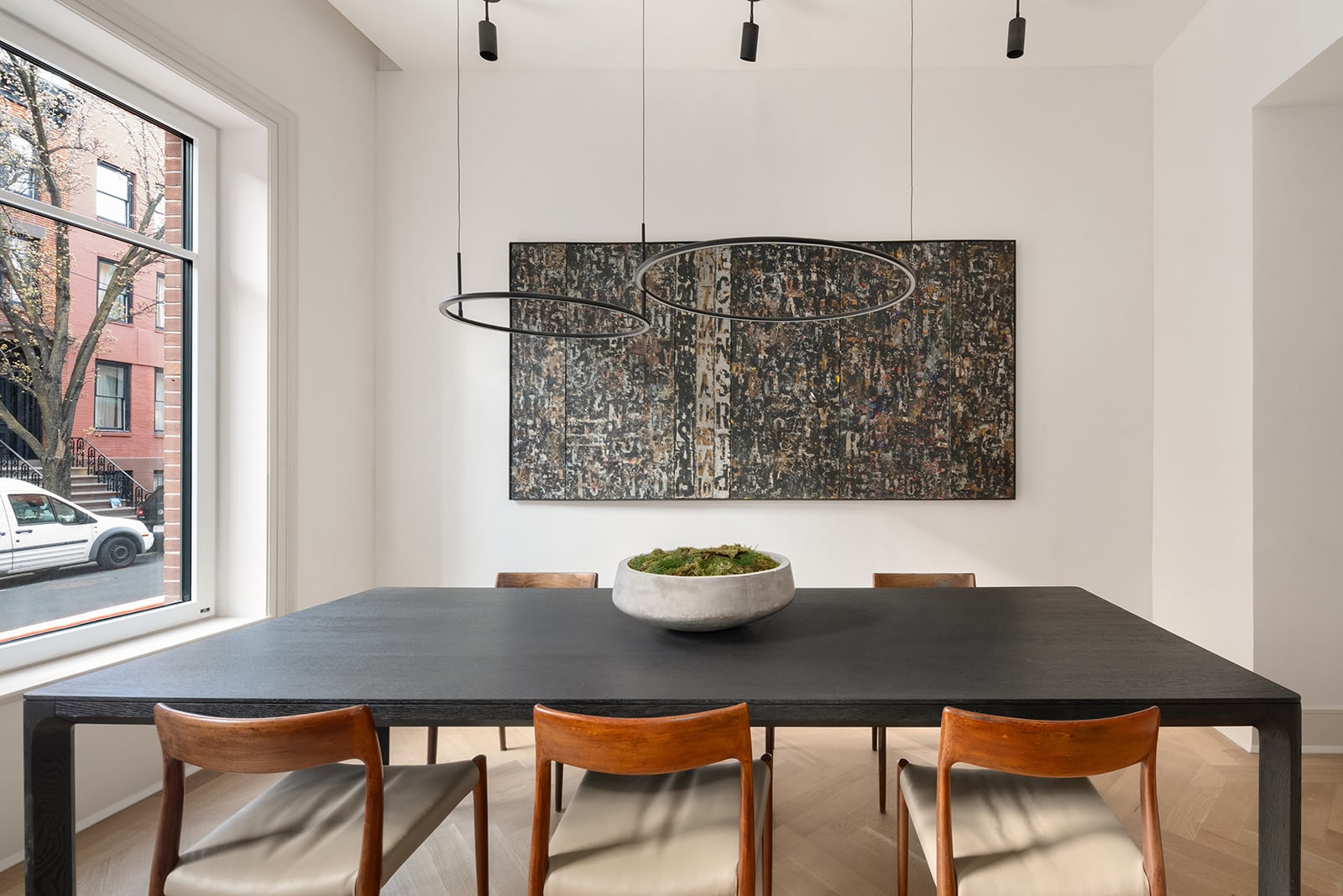 dining room with pale wood floor