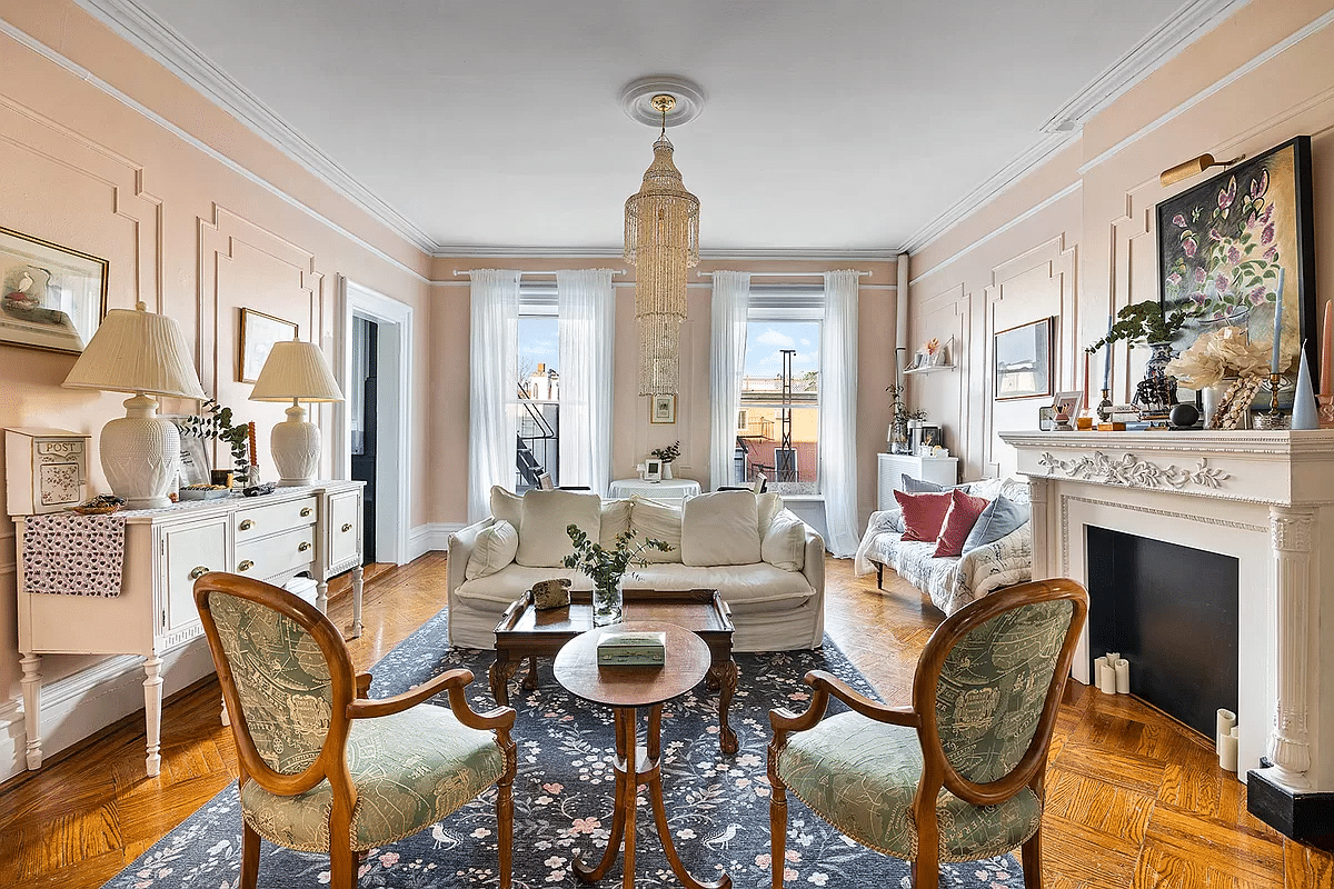 carroll gardens - living room with wall moldings, mantel, parquet floor