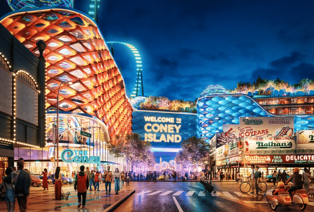 coney - rendering of brightly lit, colorful street scene of the proposed casino