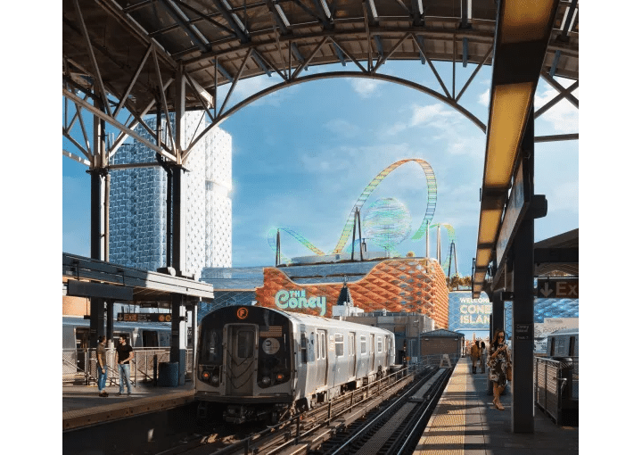 coney island - a rendering of a train arriving at the subway station with the casino in the background