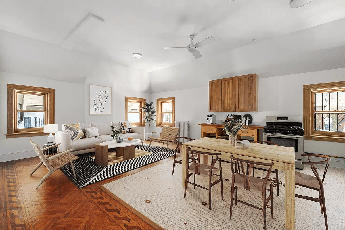 living room and kitchen with ceiling fan, wood and tile floor