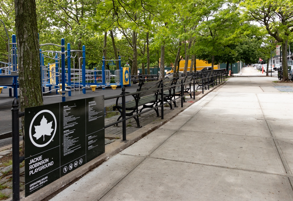 sign and benches at jackie robinson playground