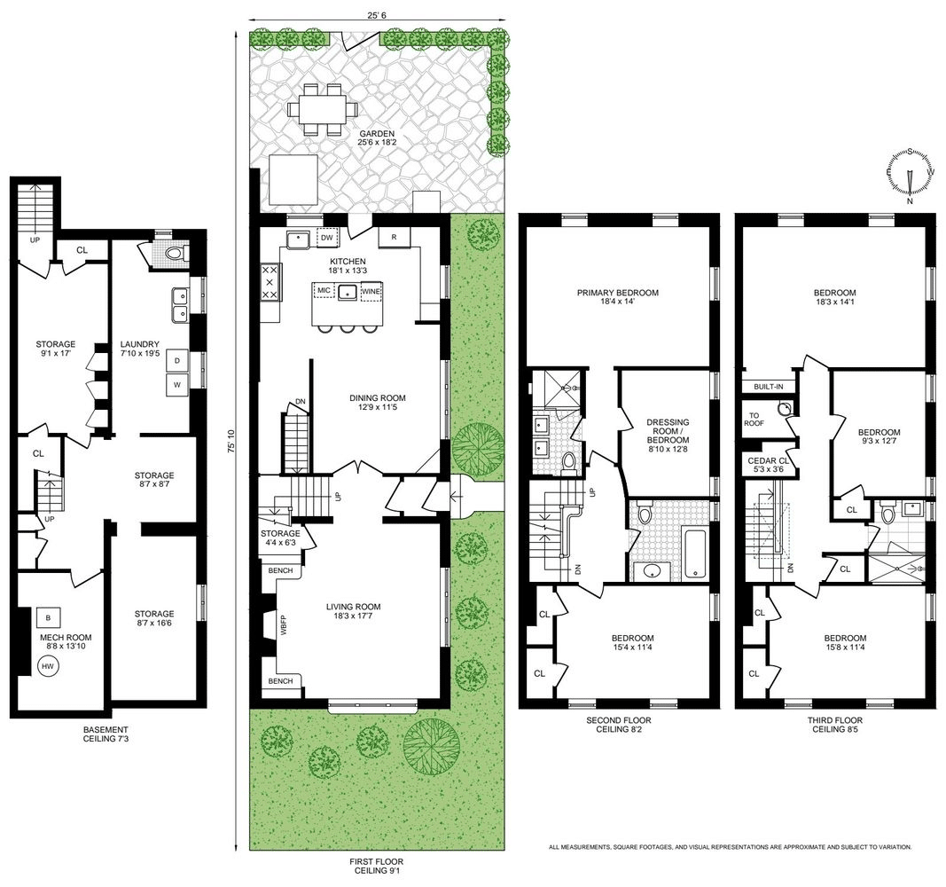 Floor plan showing three levels of living space and a basement