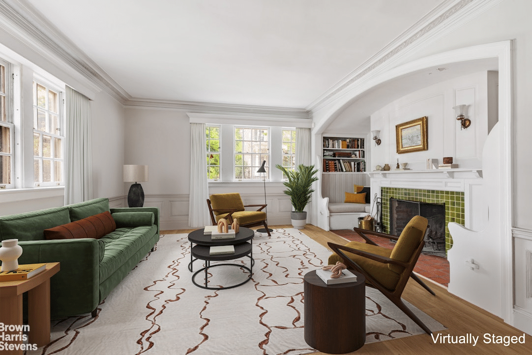 virtually staged parlor showing inglenook, wood floor replacing parquet and white walls