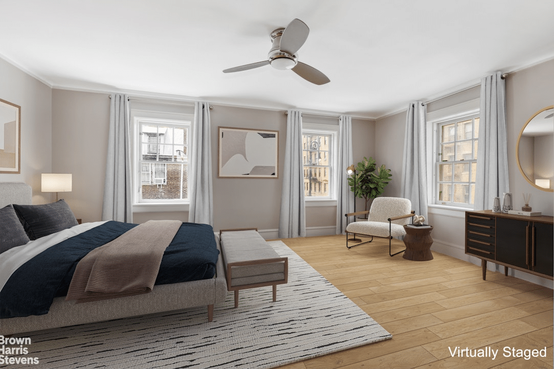 bedroom virtually staged with new floor replacing parquet, ceiling fan