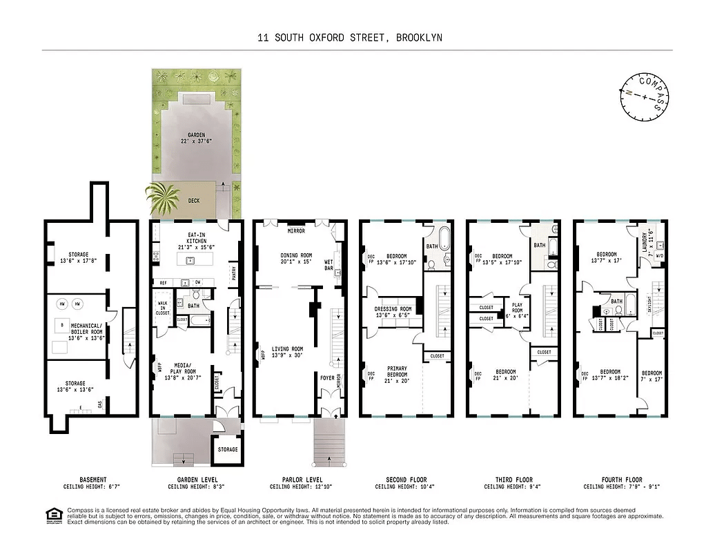 floor plan for a single-family home with three floors of bedroom space and the kitchen on the garden level