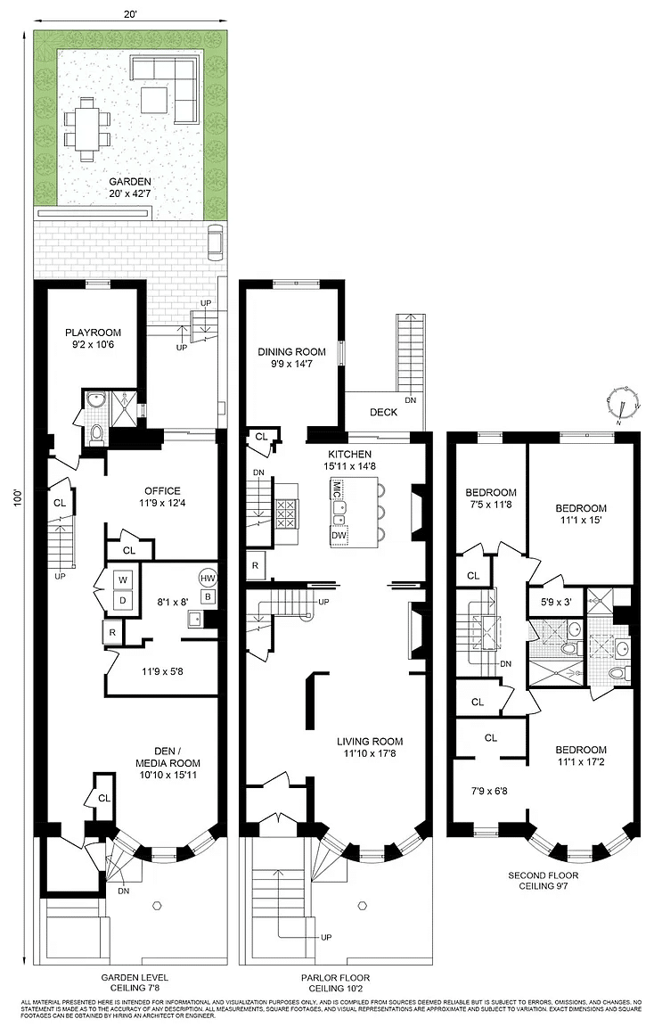 floorplan with kitchen on main level and three bedrooms above