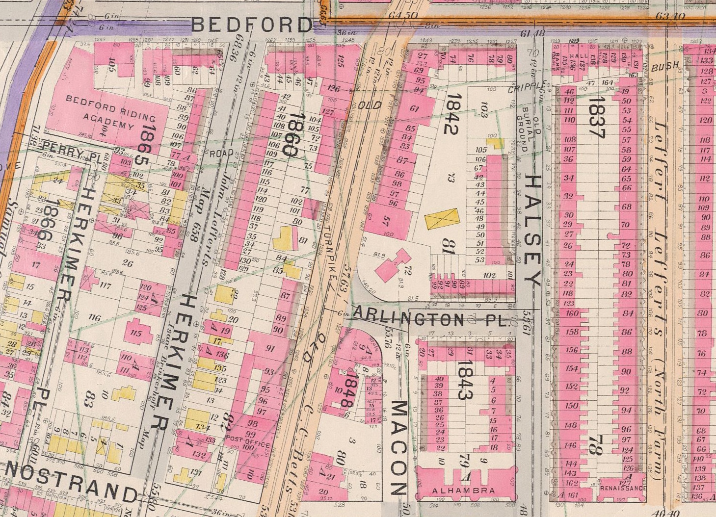 map showing the block filled with newer buildings 