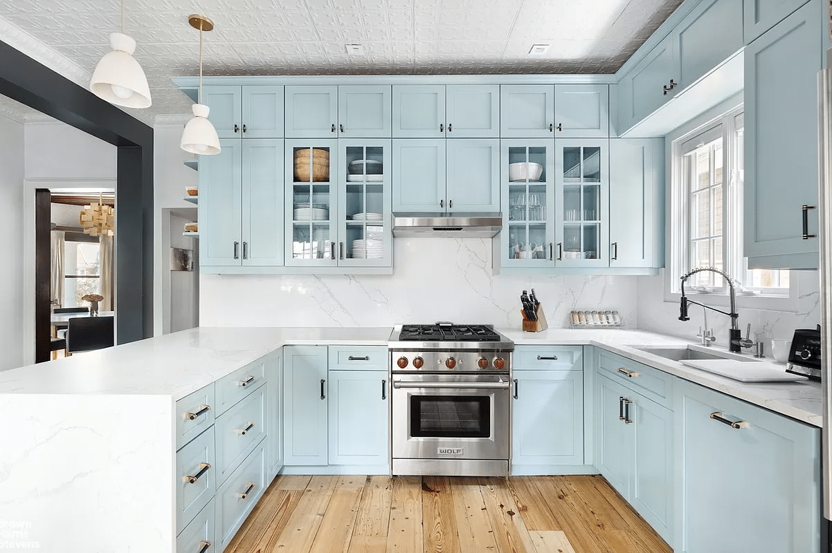 ktichen with tin ceiling, pale blue cabinets