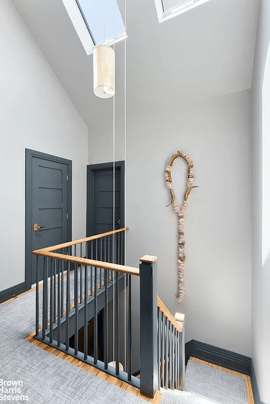 stair hall with skylight, blue doors