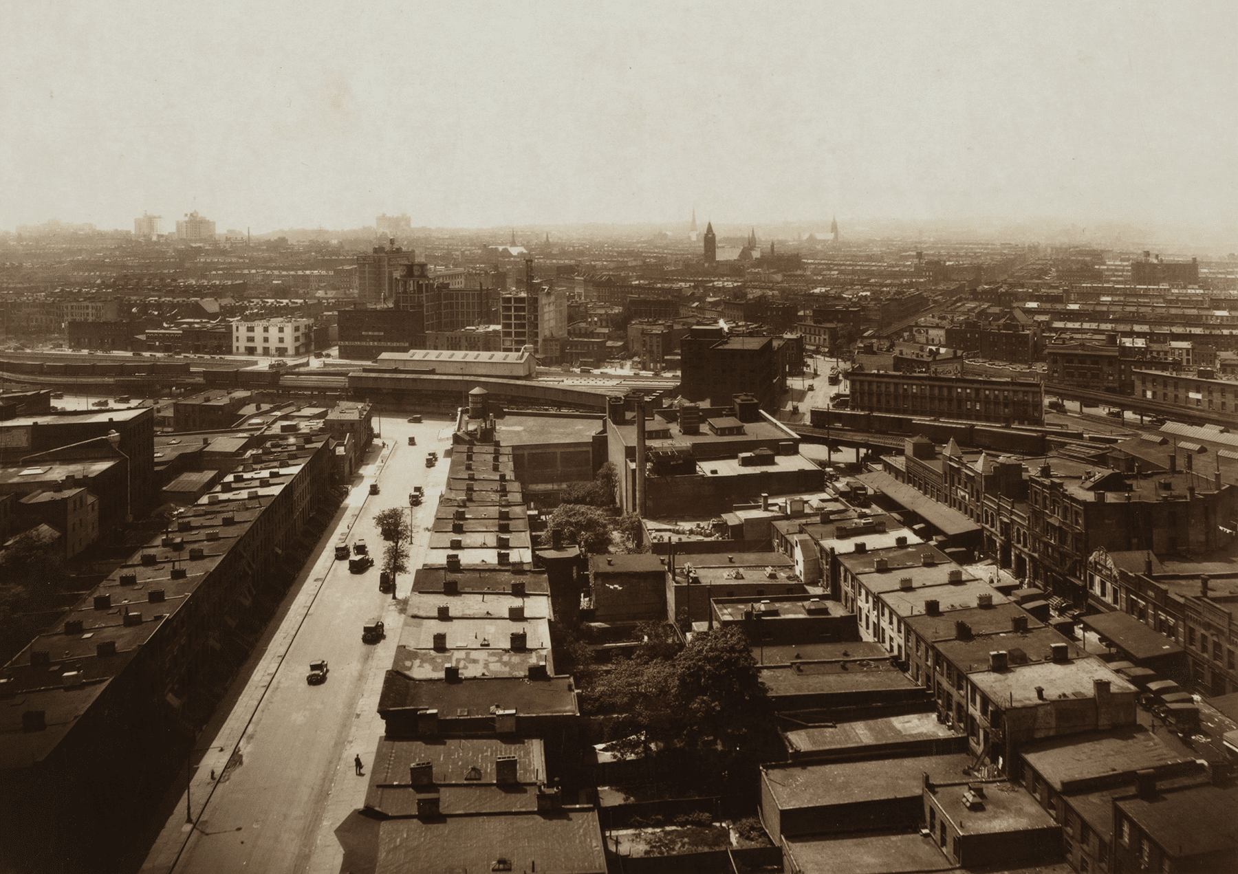 black and white photo showing market buildings