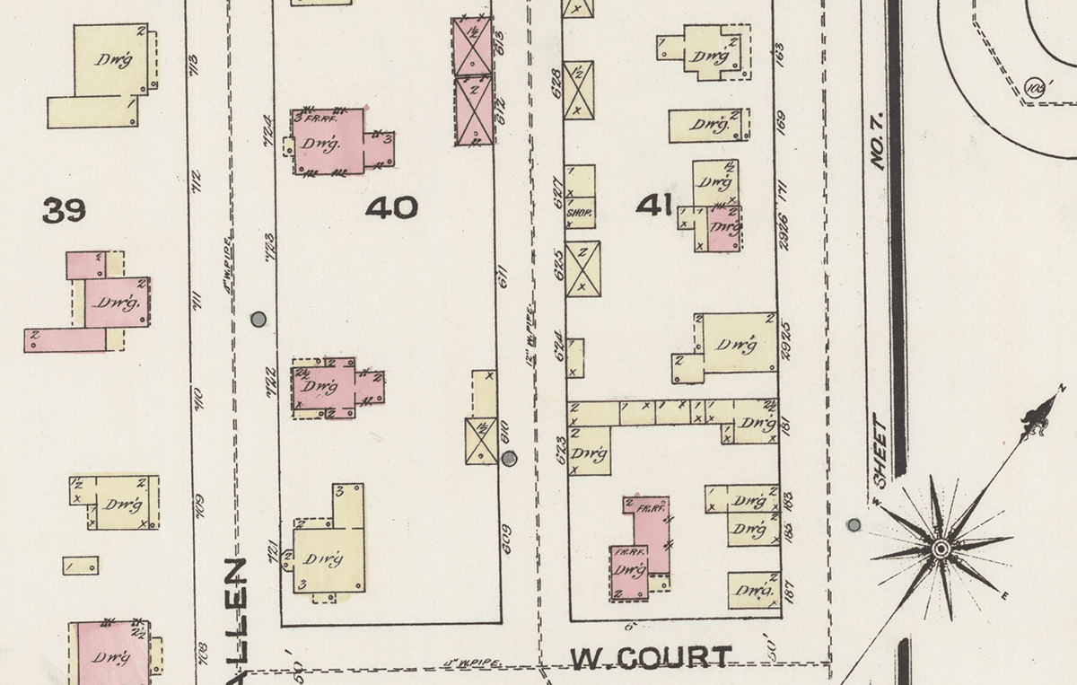 map with the house marked in yellow as a wood frame house