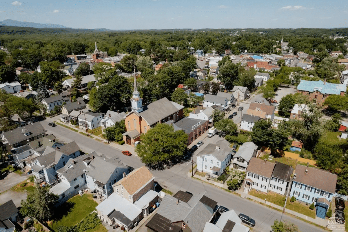 aerial showing house set back from the street with a front garden