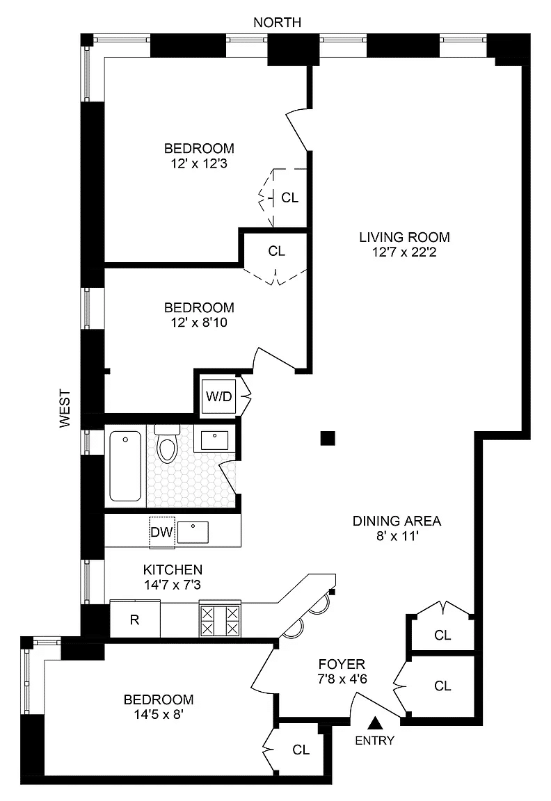 floor plan showing three bedrooms with one off the foyer