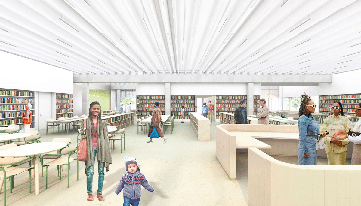 interior rendering showing books, tables and people chatting