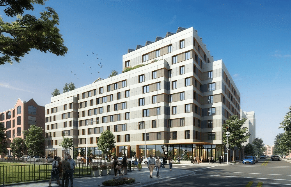 affordable housing - rendering of a multi-story white and beige building