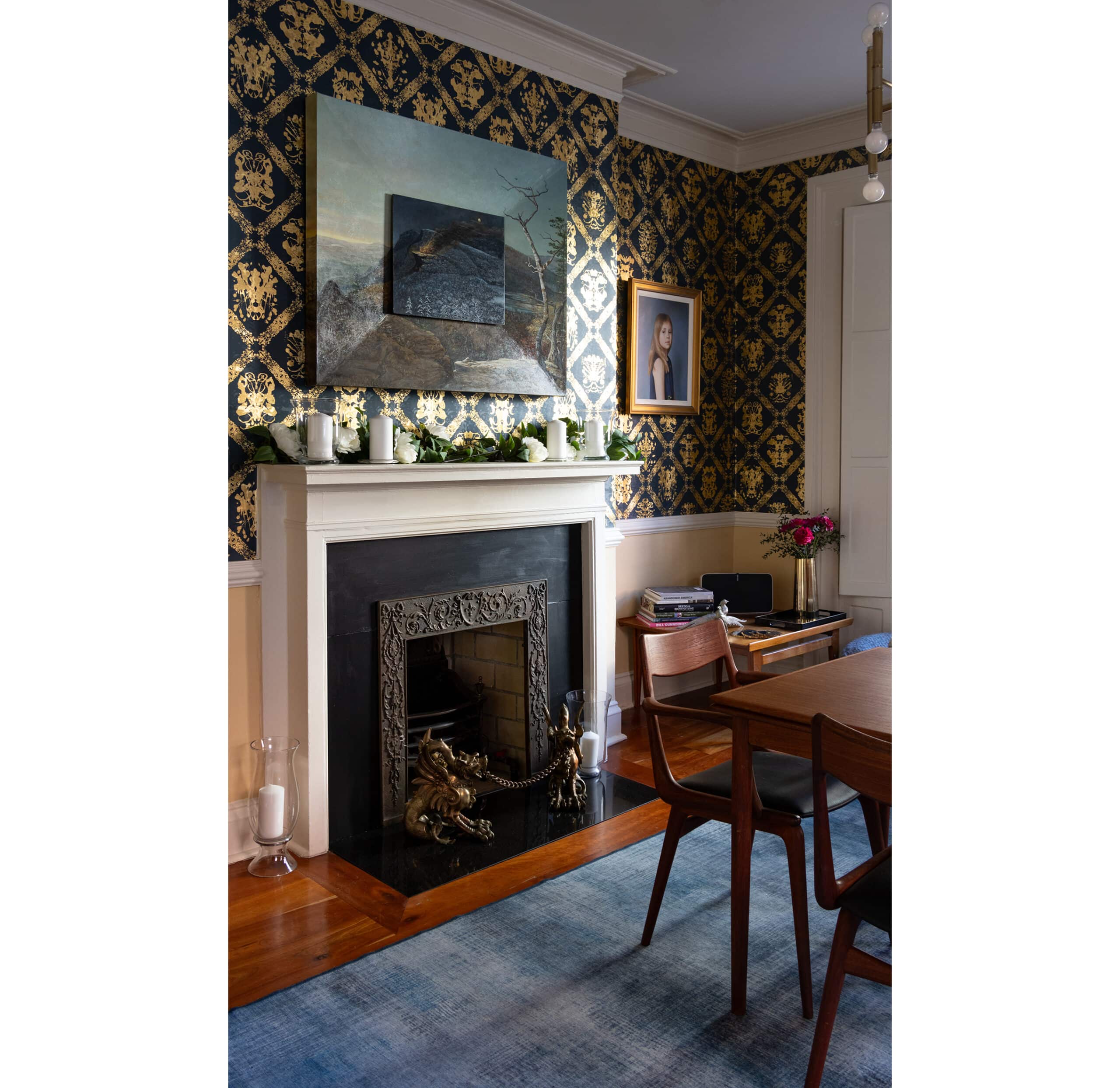 dining room with mantel