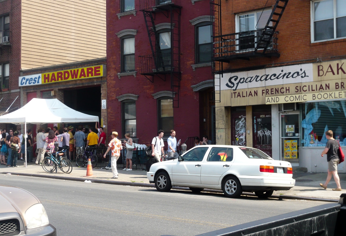 streetview of a crowd in front of crest hardware