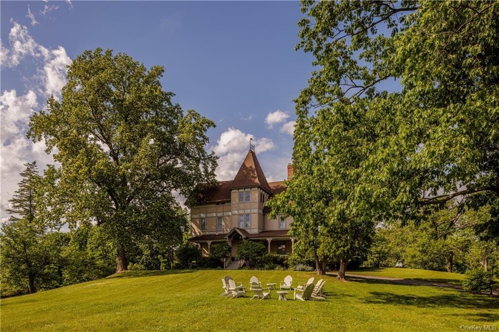 Adirondack chairs on the front lawn