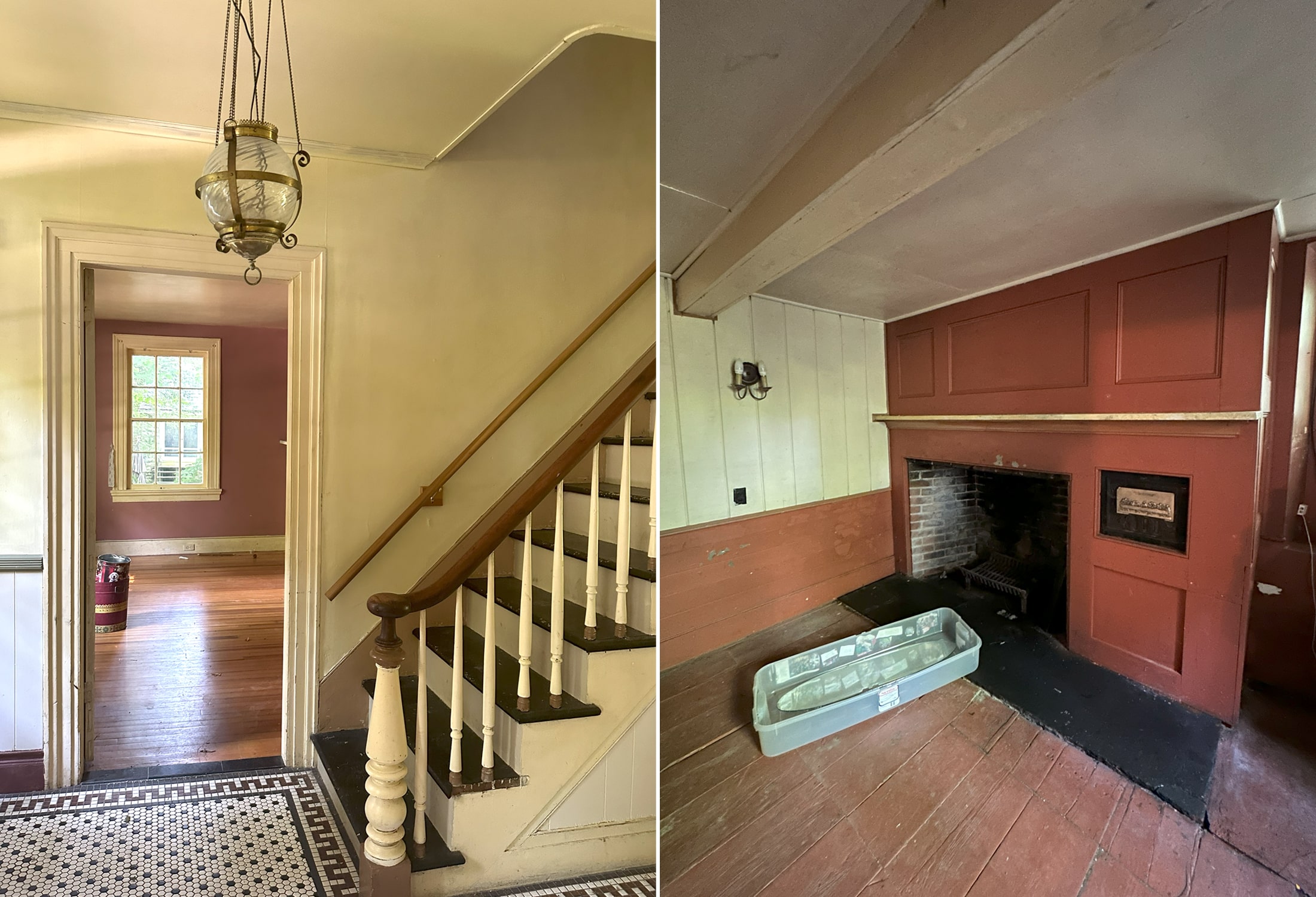 interior showing a hall with stair and a kitchen with fireplace