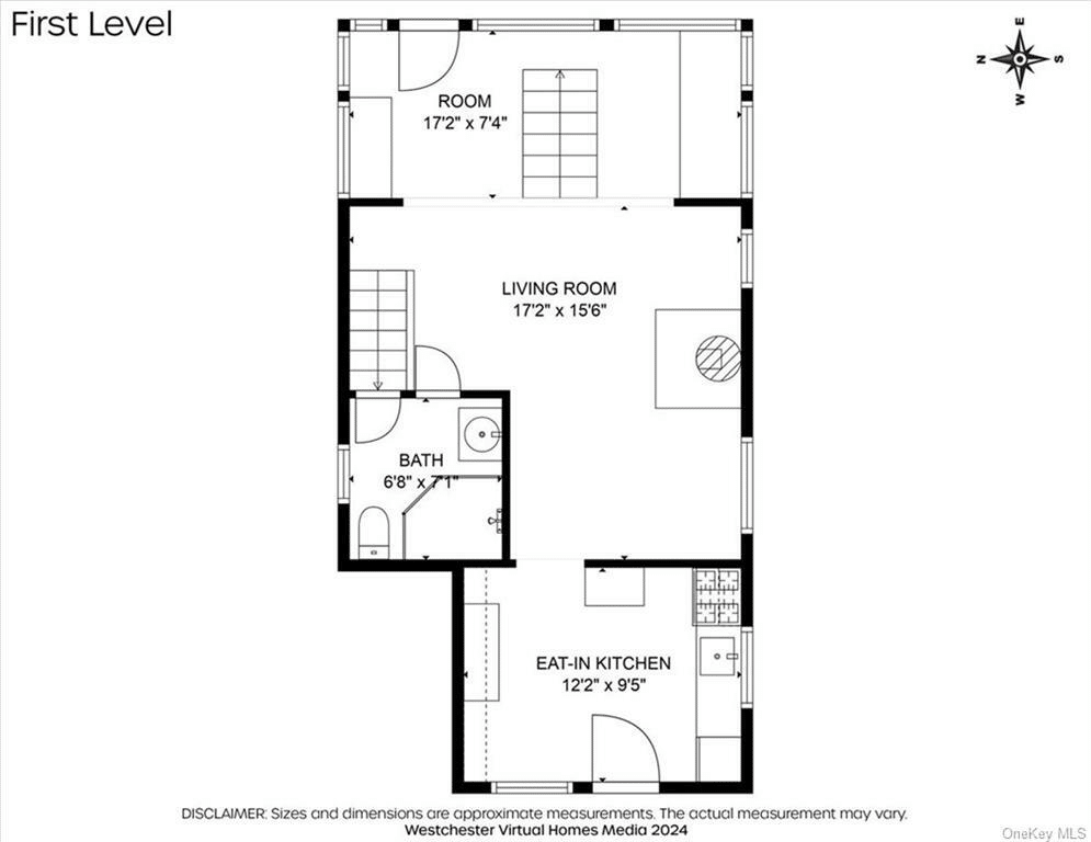 first floor plan with full bath, kitchen, living room