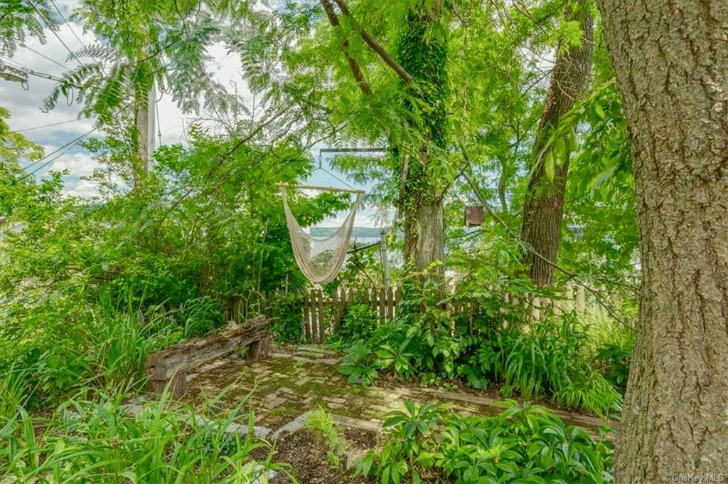 a hammock in a tree in the rear yard